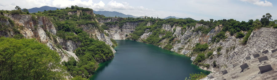 High angle view of river amidst mountains against sky