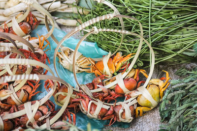 High angle view of steamed crabs sold in the market