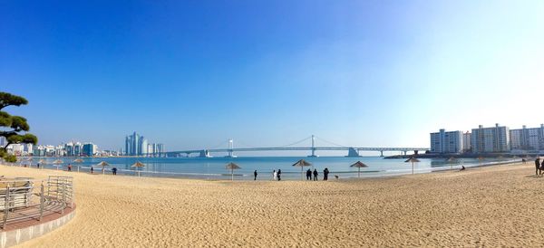 View of beach against clear blue sky