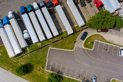 High angle view of road amidst buildings