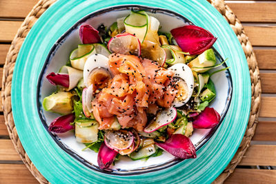 High angle view of food in plate on table