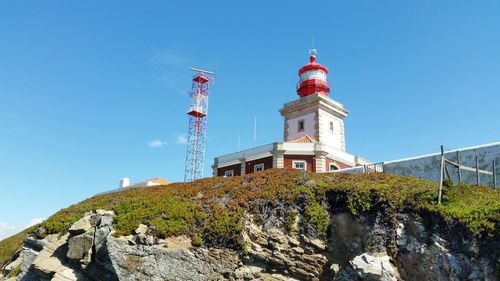 Low angle view of built structure against clear blue sky