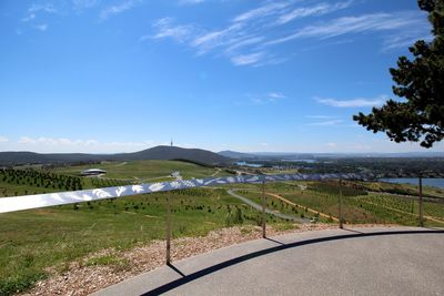 Scenic view of green landscape against blue sky