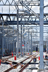 Railroad tracks against electricity pylon