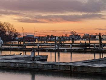 View of marina at sunrise