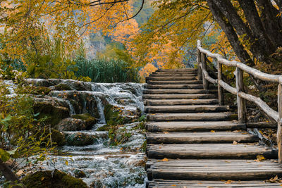 Wooden path in plitvice lakes national park in croatia in autumn