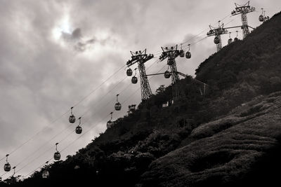 Low angle view of overhead cable car against sky