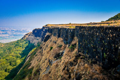 Scenic view of mountains against clear blue sky