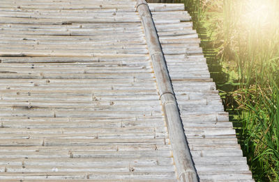 View of wooden boardwalk leading towards water