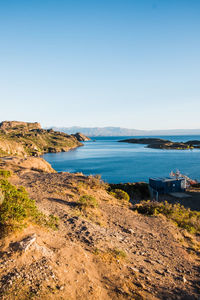 Scenic view of sea against clear blue sky