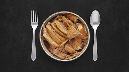 High angle view of food in plate on table