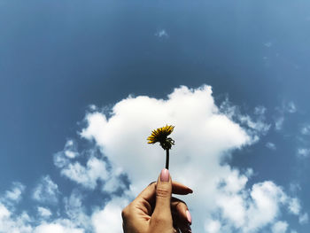 Low section of person holding hand against cloudy sky