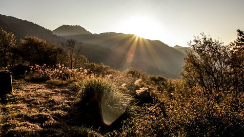 Scenic view of silhouette mountains against sky during sunset