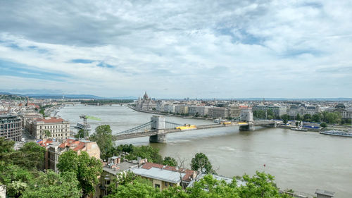 High angle view of bridge over river in city against sky