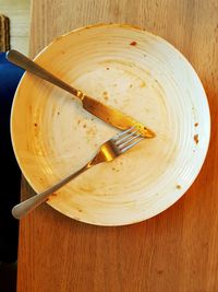 High angle view of bread in plate on table