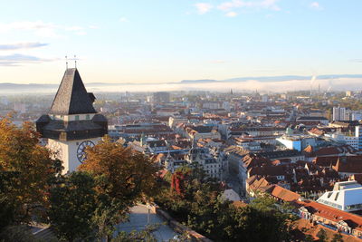 Aerial view of townscape against sky in city