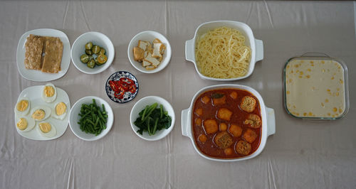 High angle view of breakfast on table