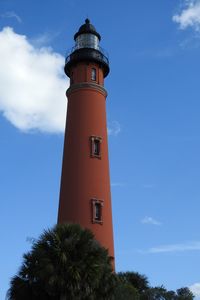 Low angle view of lighthouse by building against sky