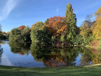 Scenic view of lake by trees against sky