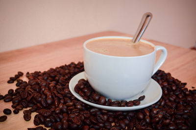 Close-up of coffee cup on table