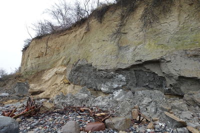 Low angle view of rocks against clear sky