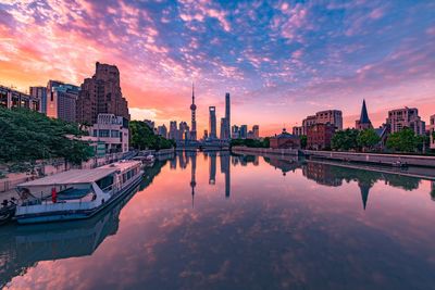 Reflection of buildings in lake against sky during sunset