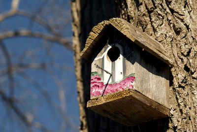 Low angle view of birdhouse on building