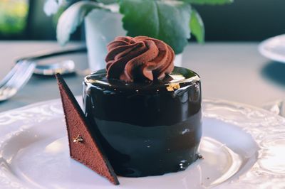 Close-up of chocolate cake in plate