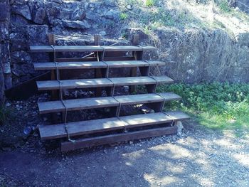 Empty bench with trees in background