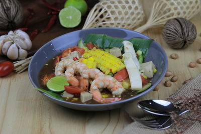 High angle view of meal served on table