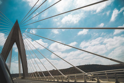 Low angle view of suspension bridge against sky