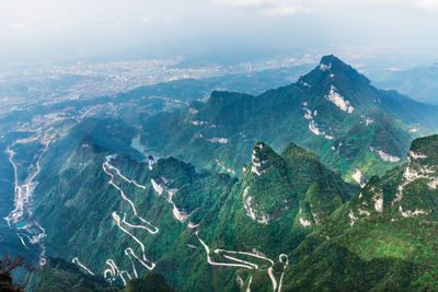 High angle view of mountains against sky