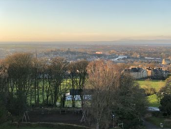 High angle view of townscape against sky during sunset