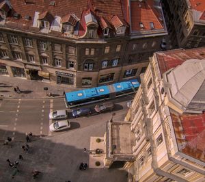 High angle view of street amidst buildings in city