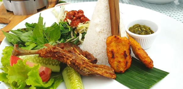 High angle view of meal served on table
