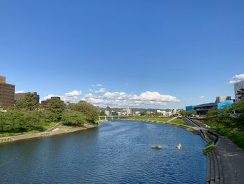 Scenic view of river by buildings against blue sky