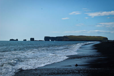 Scenic view of sea against sky, iceland black sand