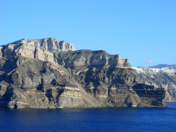 Scenic view of sea and rocky mountains against clear blue sky