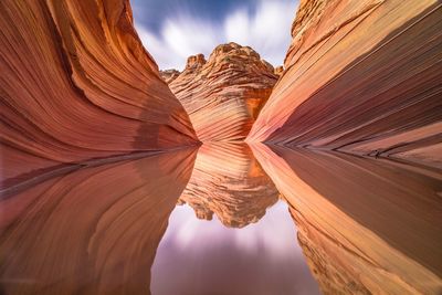 Rock formations reflecting on calm lake at coyote buttes