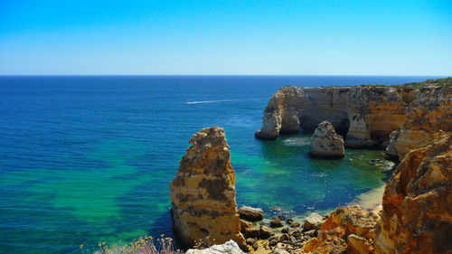 Scenic view of sea against clear blue sky