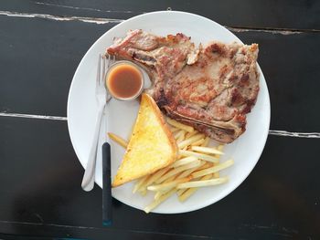 High angle view of breakfast served on table