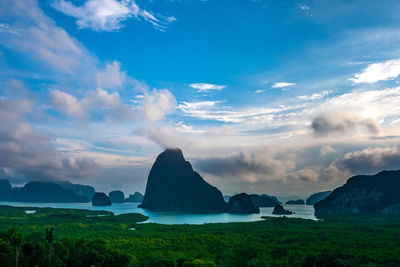 Panoramic view of sea and mountains against sky