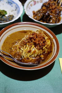 High angle view of noodles served in bowl