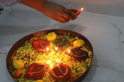 High angle view of person preparing food