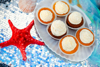 High angle view of cupcakes on table