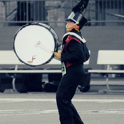 Bass drum player in marching band