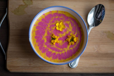 High angle view of breakfast on table