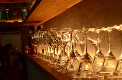 Row of wine glass on table at restaurant