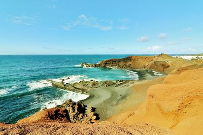 Scenic view of beach against blue sky