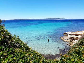 High angle view of sea against clear blue sky